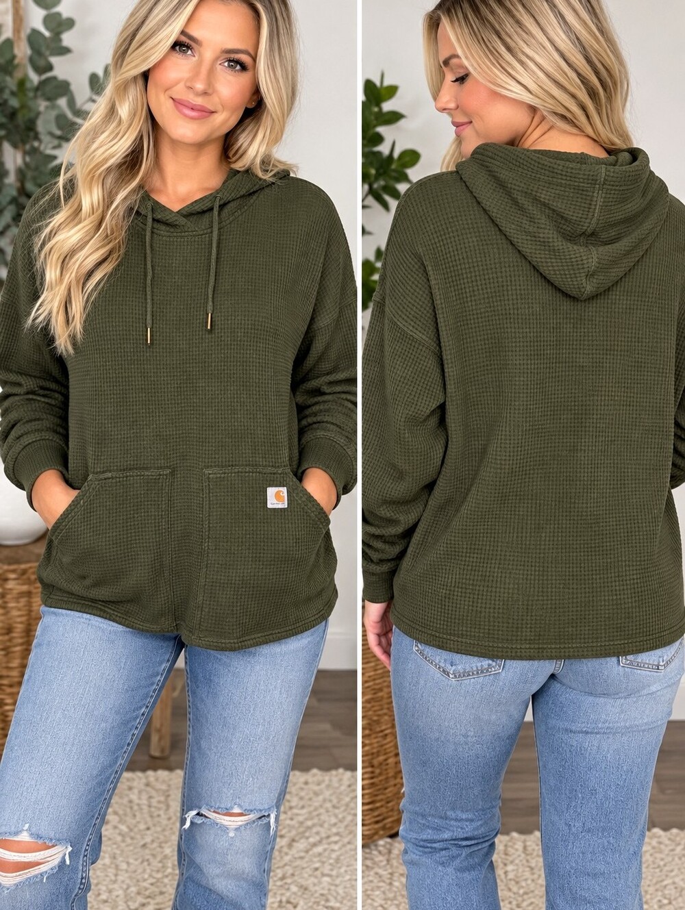 Carhartt Womens XL Green Thermal Hoodie Waffle Knit Relaxed Fit Heavyweight